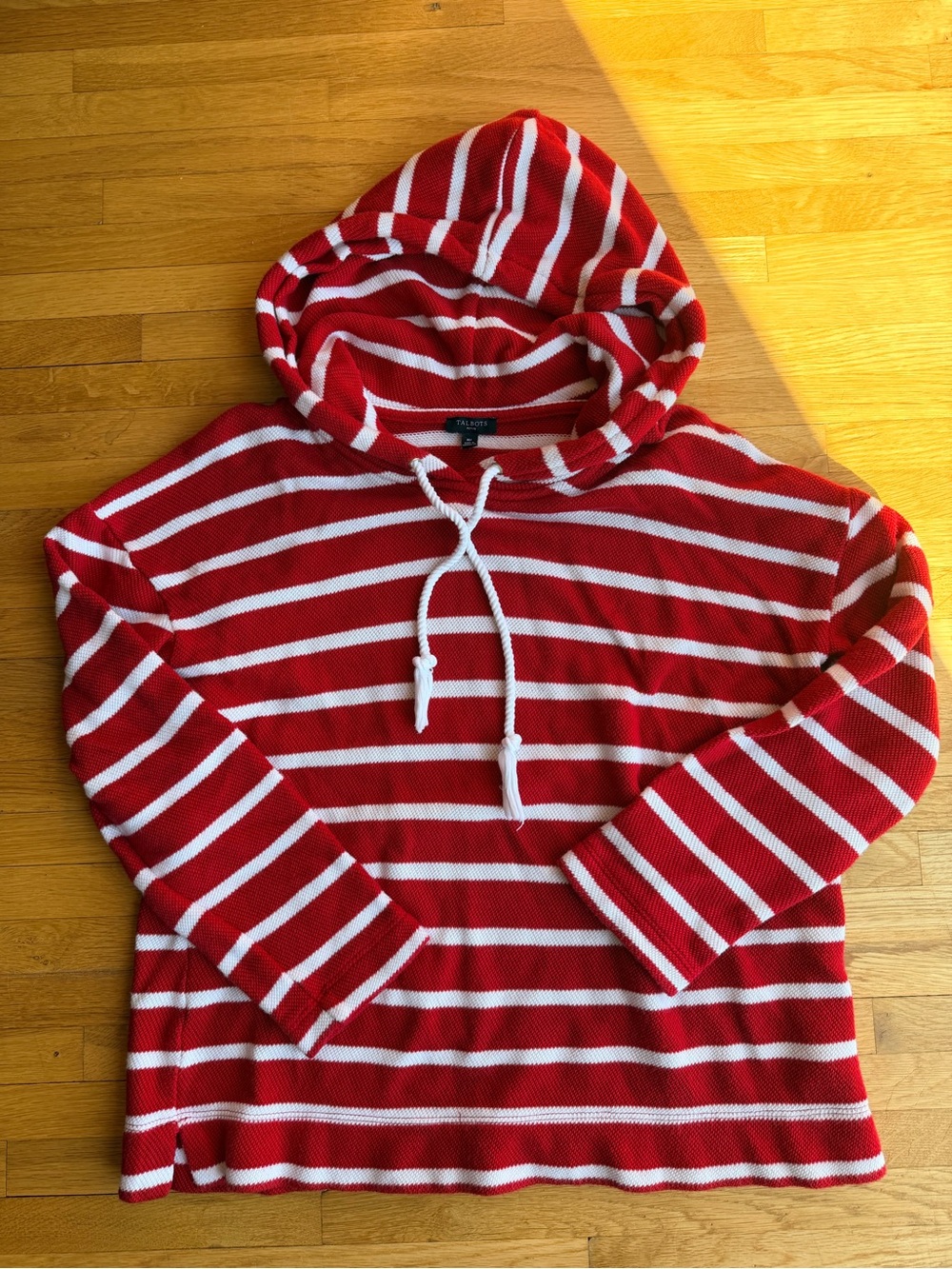Talbots red white striped hooded sweater Nautical Coastal Layer Preppy Americana